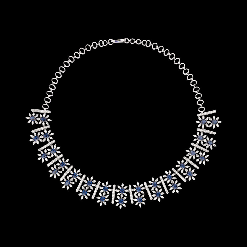 18K White Gold Diamond Necklace - 11.46ct VVS-EF with Colour Stones
