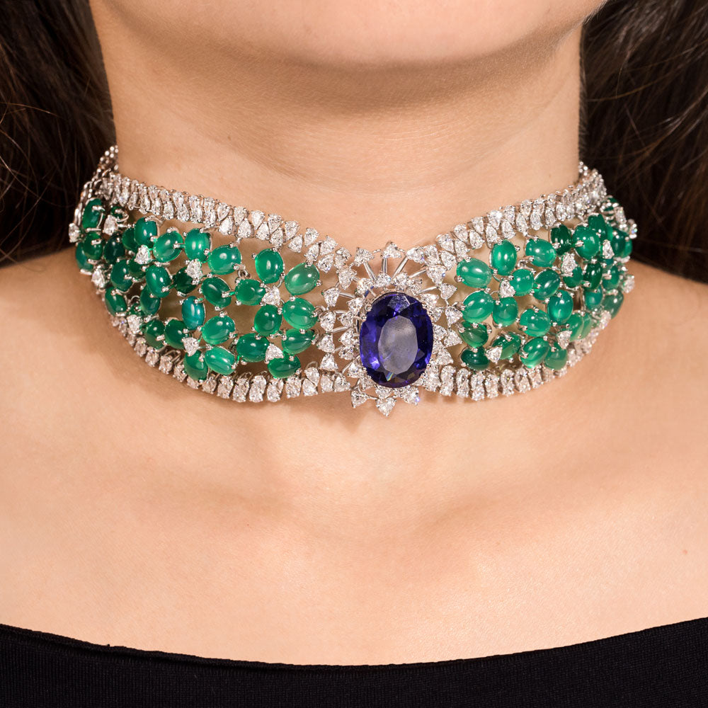 18K White Gold Diamond Necklace - 21.24ct VVS-EF with Colour Stones