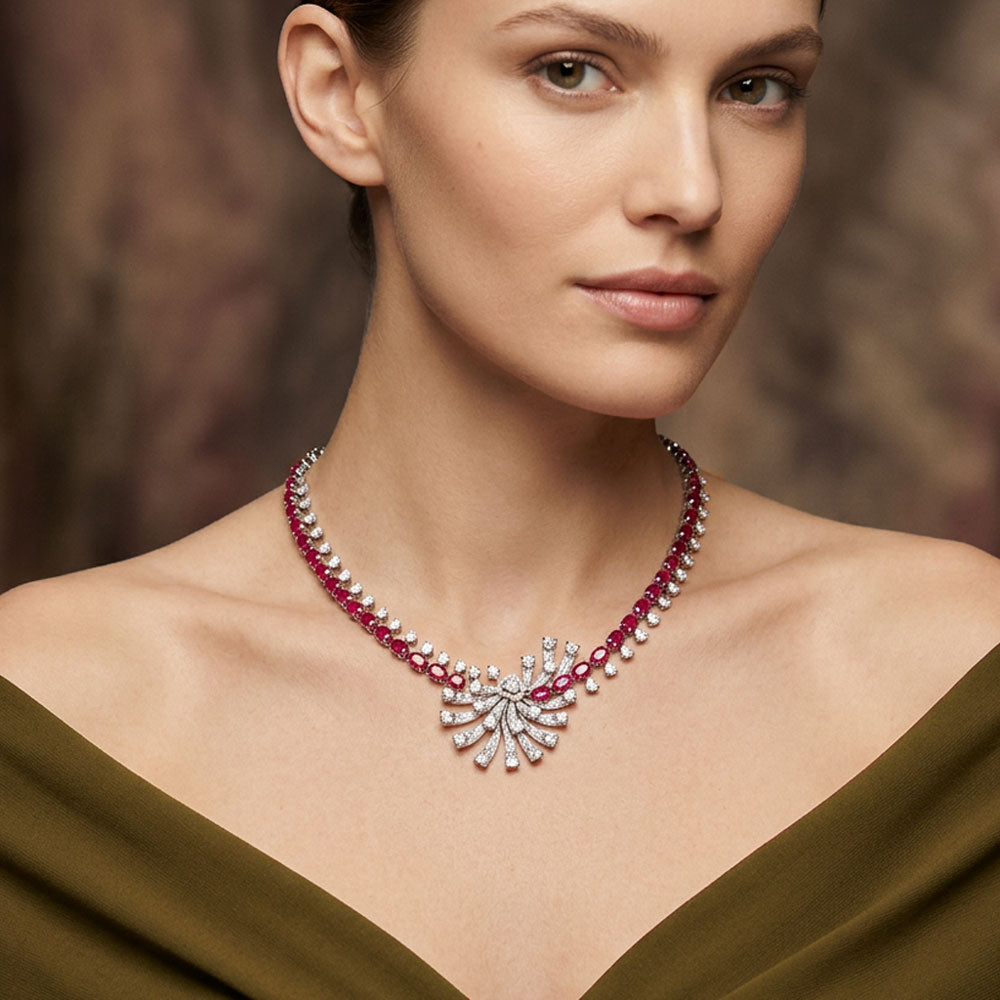 18K White Gold Diamond Necklace - 10.58ct VVS-EF with Colour Stones