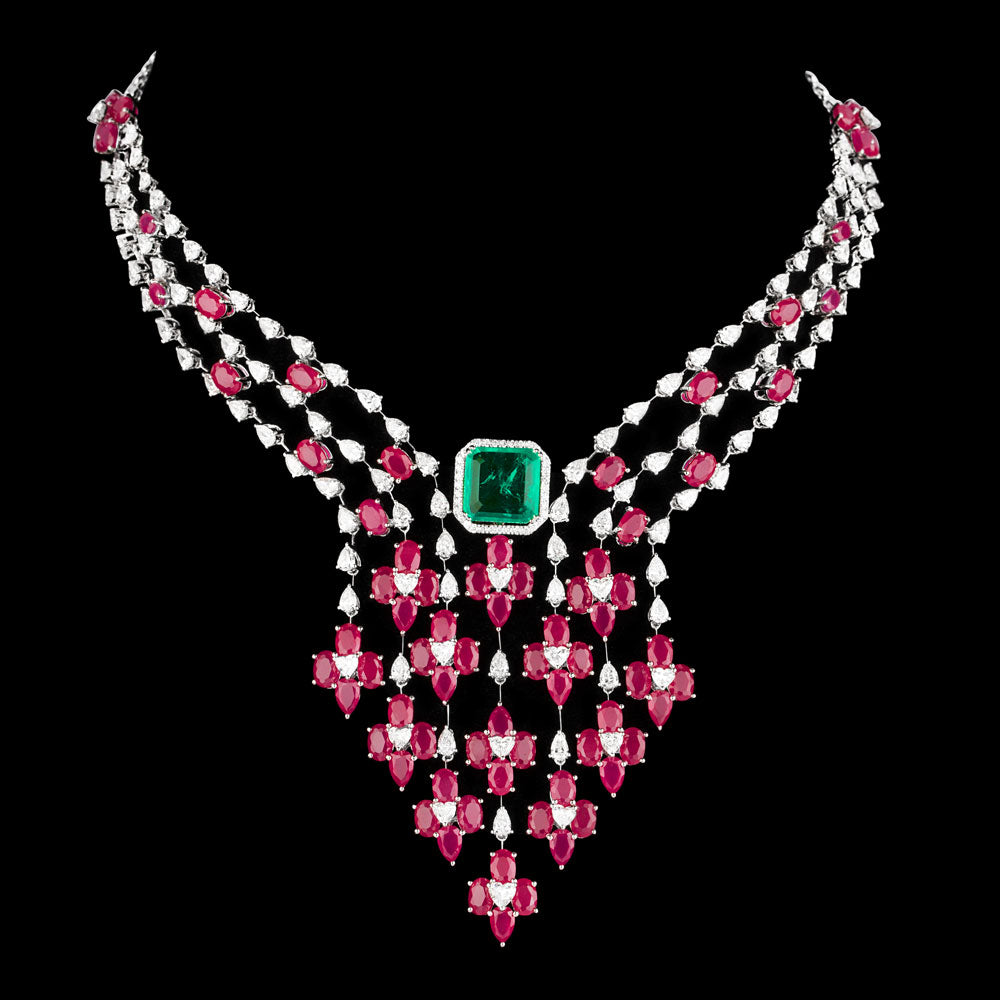 18K White Gold Diamond Necklace - 13ct VVS-FG with Colour Stones