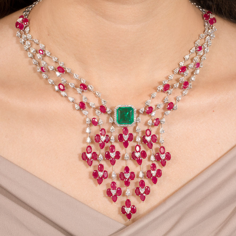 18K White Gold Diamond Necklace - 13ct VVS-FG with Colour Stones