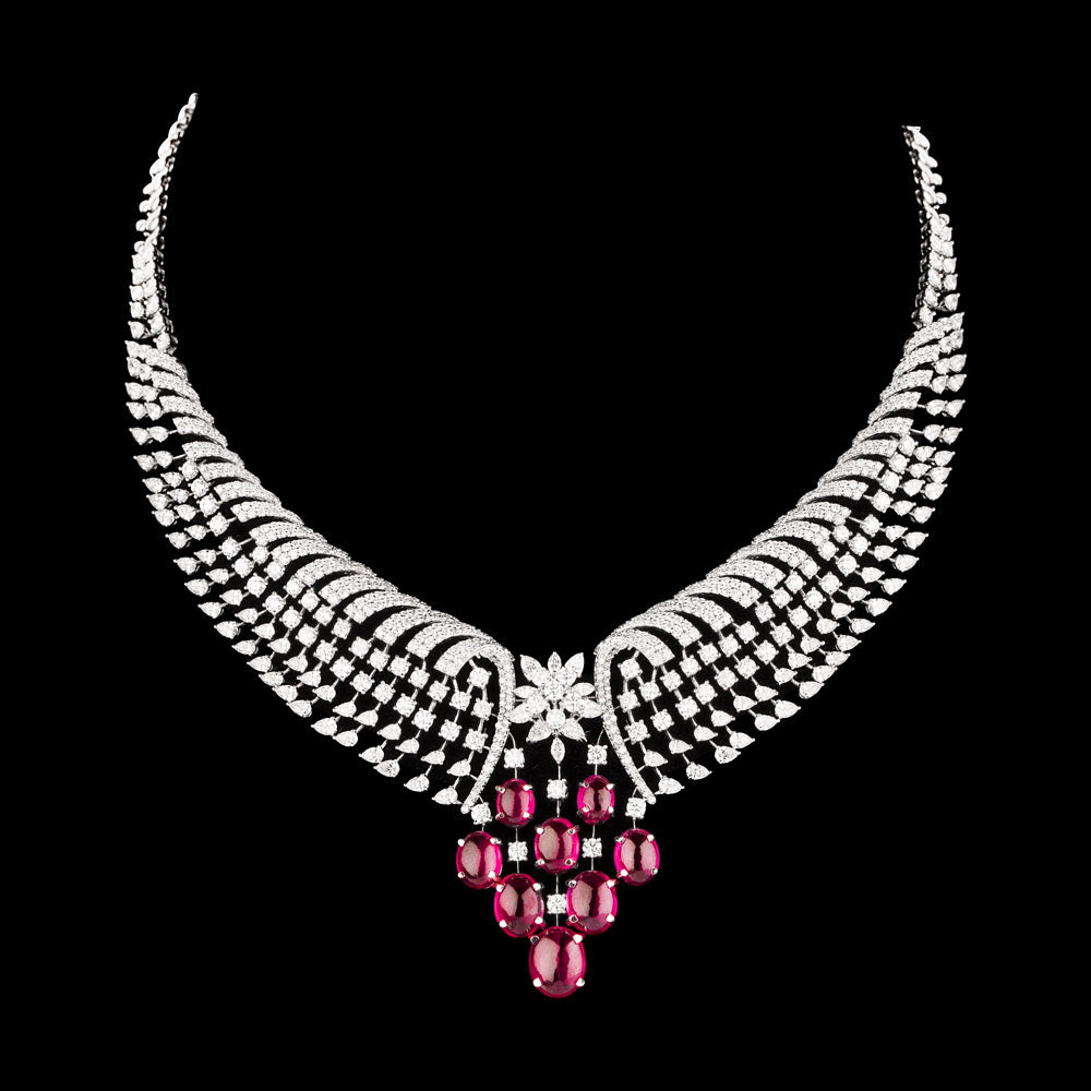 18K White Gold Diamond Necklace - 16.31ct VVS-FG with Colour Stones