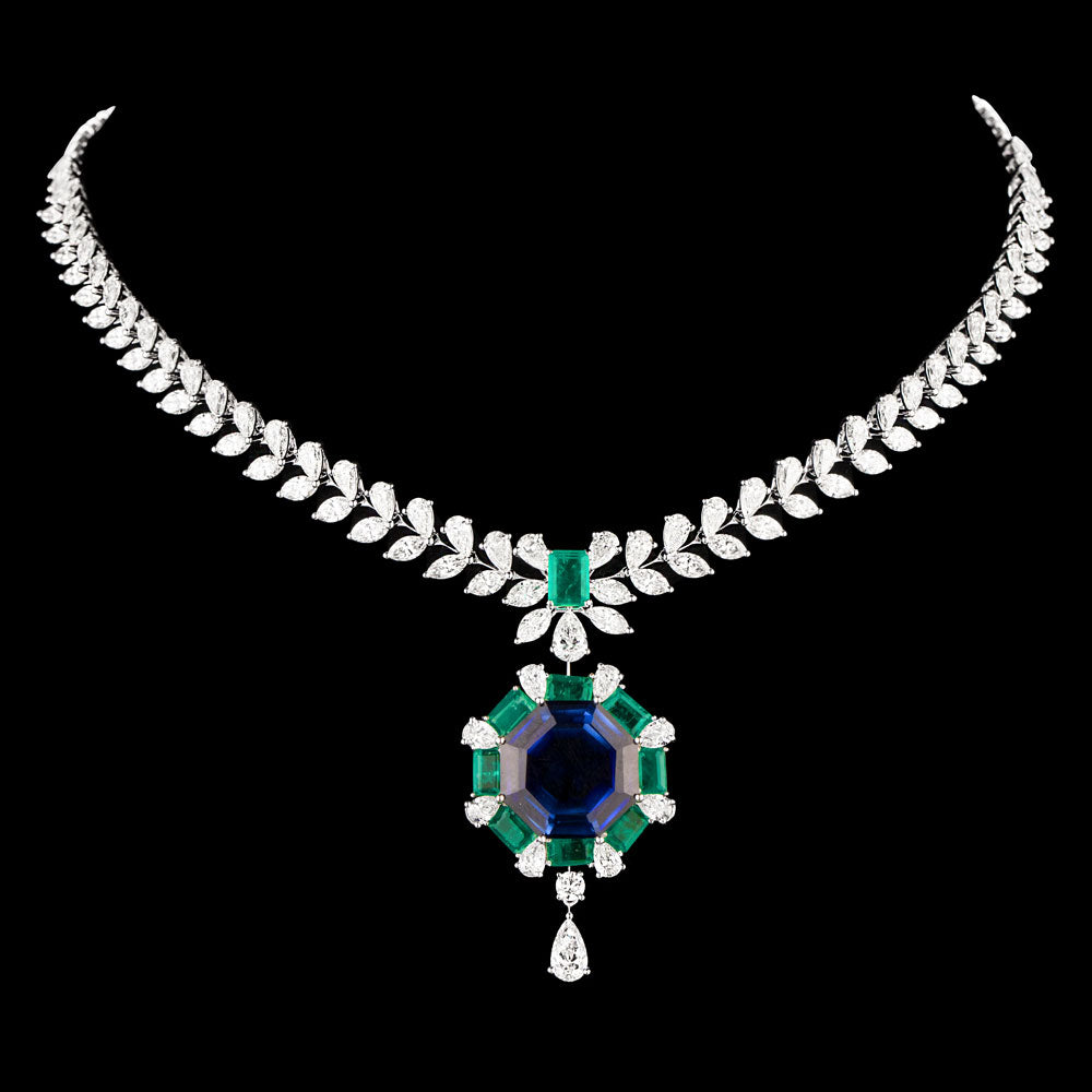 18K White Gold Diamond Necklace - 18.92ct VVS-VS-IJ with Colour Stones