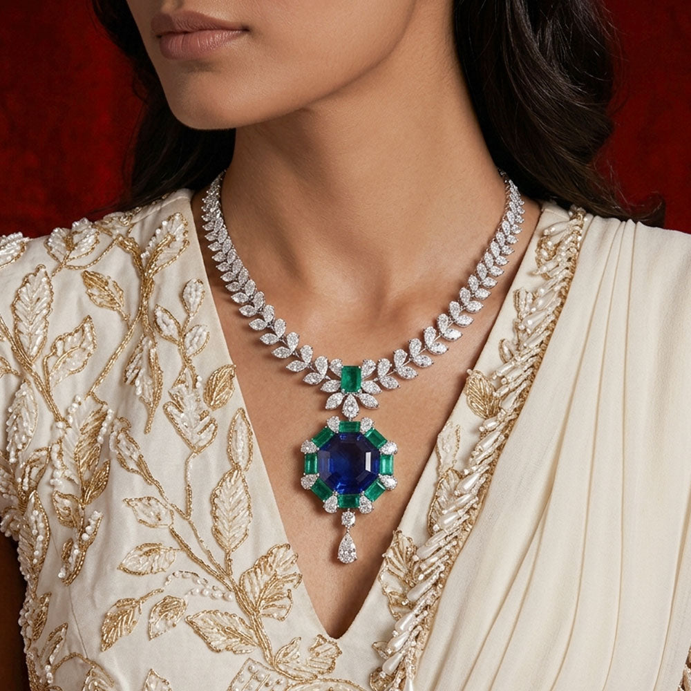 18K White Gold Diamond Necklace - 18.92ct VVS-VS-IJ with Colour Stones