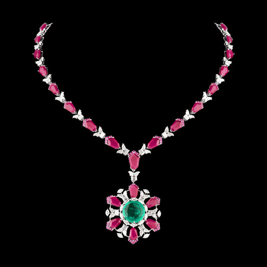 18K White Gold Diamond Necklace - 13.54ct VVS-VS-IJ with Colour Stones