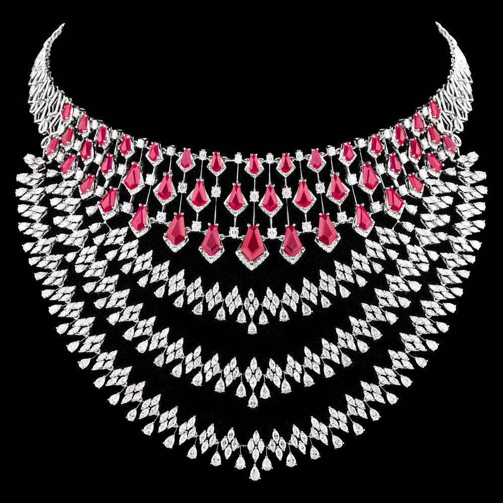 18K White Gold Diamond Necklace - 27.63ct VVS-VS-EF with Colour Stones