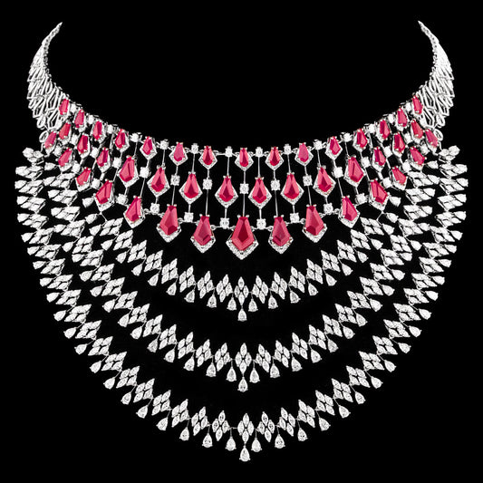 18K White Gold Diamond Necklace - 27.63ct VVS-VS-EF with Colour Stones