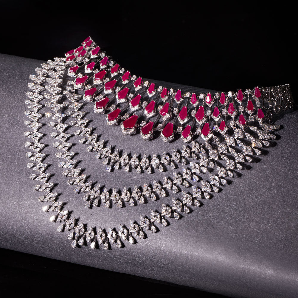 18K White Gold Diamond Necklace - 27.63ct VVS-VS-EF with Colour Stones
