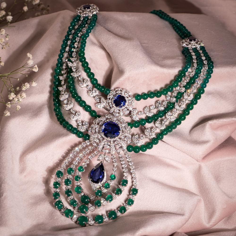 18K White Gold Diamond Necklace - 20.496ct VVS-VS-EF with Colour Stones