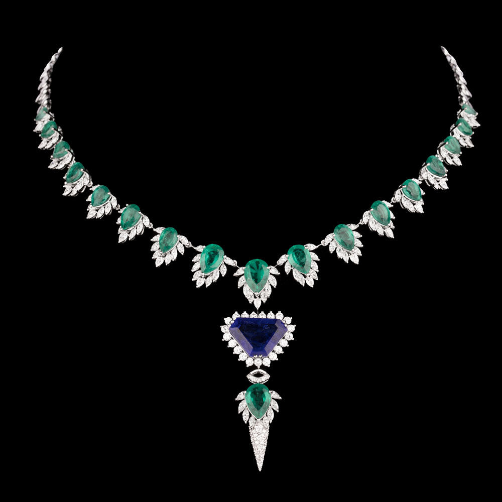 18K White Gold Diamond Necklace - 6.885ct VVS-VS-EF with Colour Stones