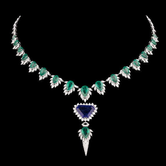 18K White Gold Diamond Necklace - 6.885ct VVS-VS-EF with Colour Stones