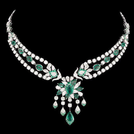 18K White Gold Diamond Necklace - 24.98ct VVS-VS-HI with Colour Stones