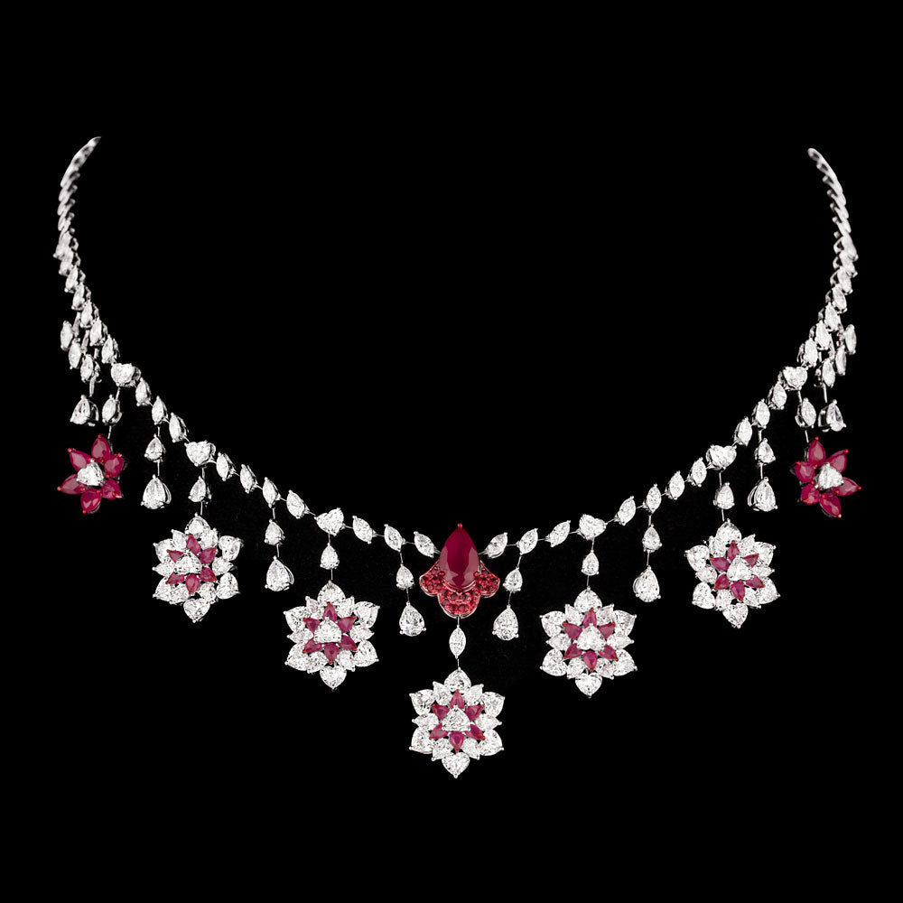 18K White Gold Diamond Necklace - 19.378ct VVS-EF with Colour Stones
