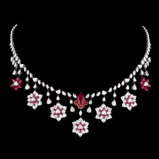 18K White Gold Diamond Necklace - 19.378ct VVS-EF with Colour Stones