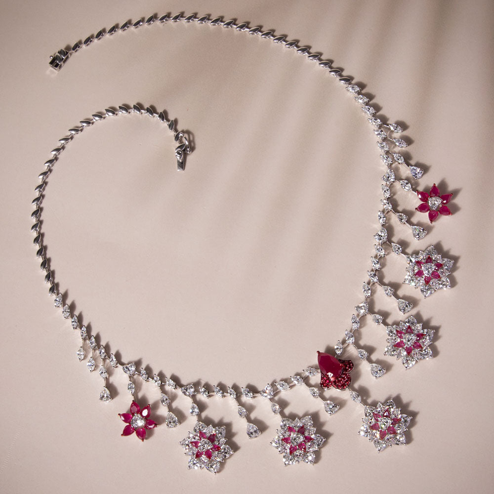 18K White Gold Diamond Necklace - 19.378ct VVS-EF with Colour Stones