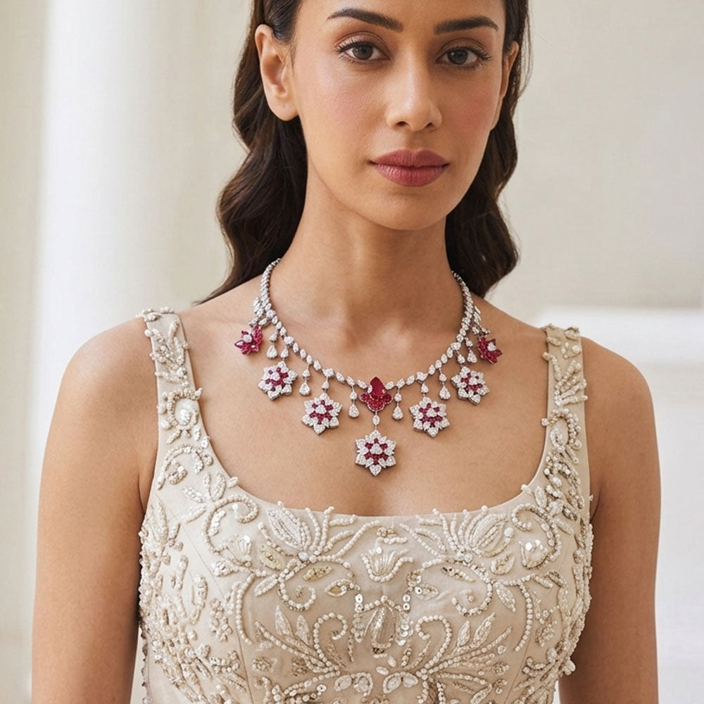 18K White Gold Diamond Necklace - 19.378ct VVS-EF with Colour Stones