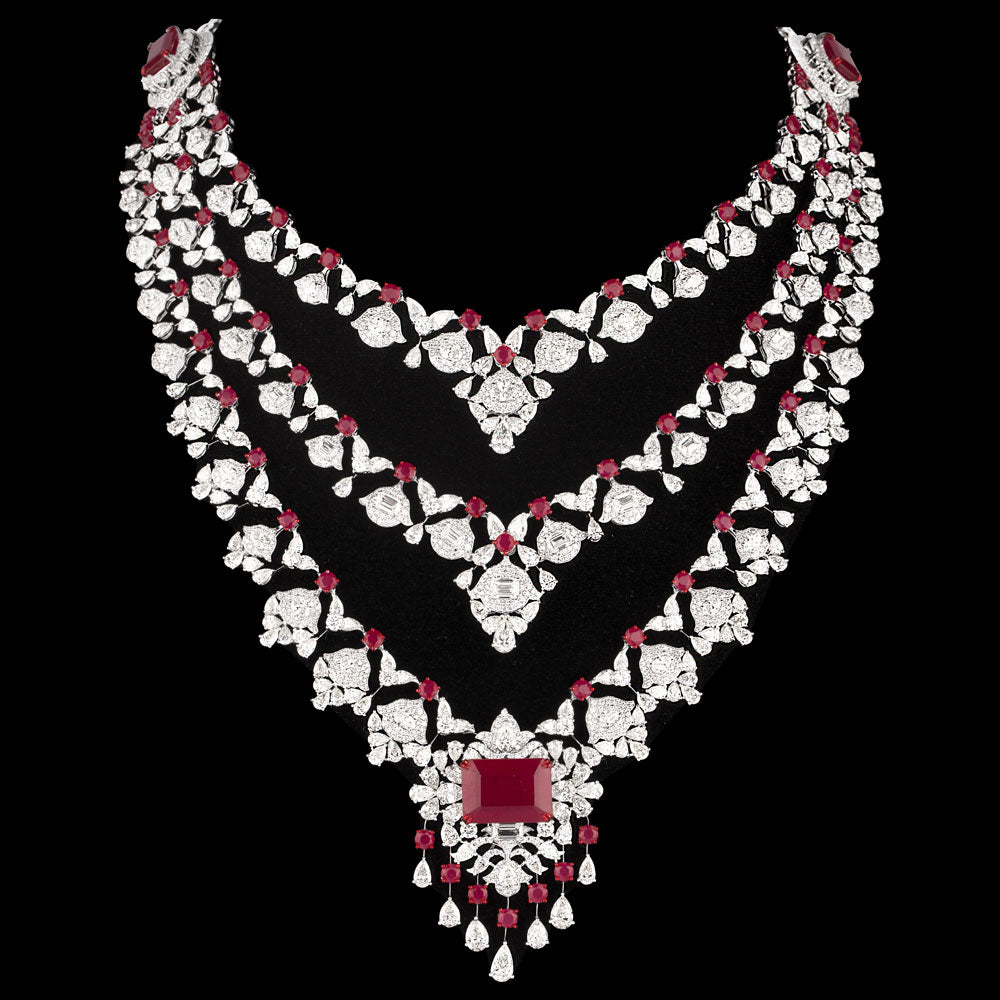 18K White Gold Diamond Necklace - 73.987ct VVS-VS-IJ with Colour Stones