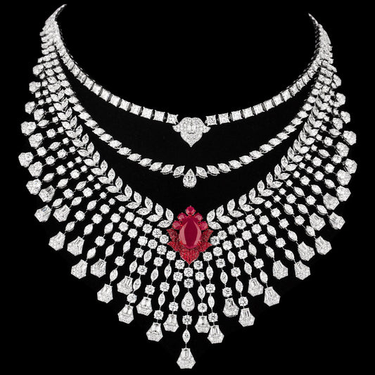 18K White Gold Diamond Necklace - 104.411ct VVS-VS-HI with Colour Stones