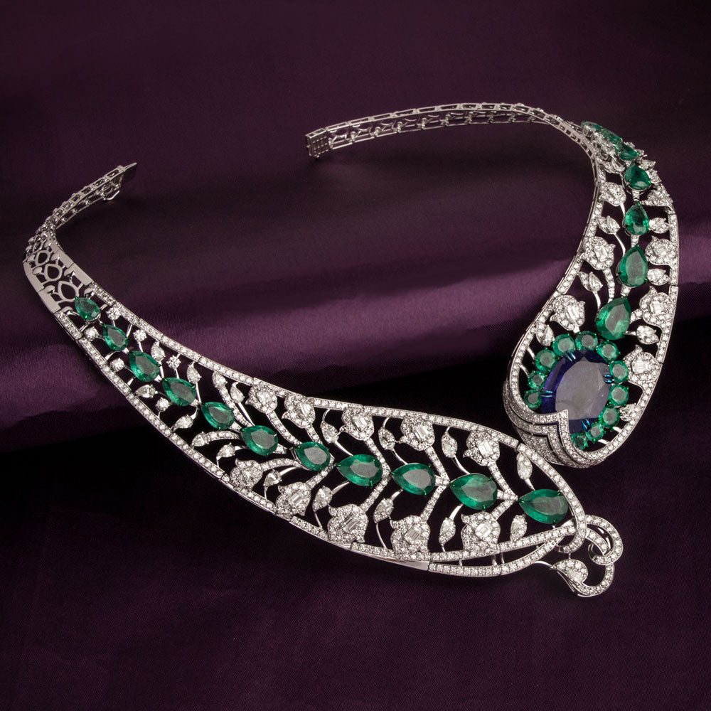 14K White Gold Diamond Necklace - 27.981ct VVS-VS-IJ with Colour Stones