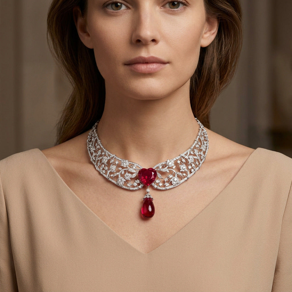 9K White Gold Diamond Necklace - 17.641ct VS-SI-JK with Colour Stones