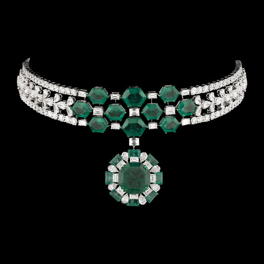 14K White Gold Diamond Necklace - 29.71ct VVS-VS-IJ with Colour Stones