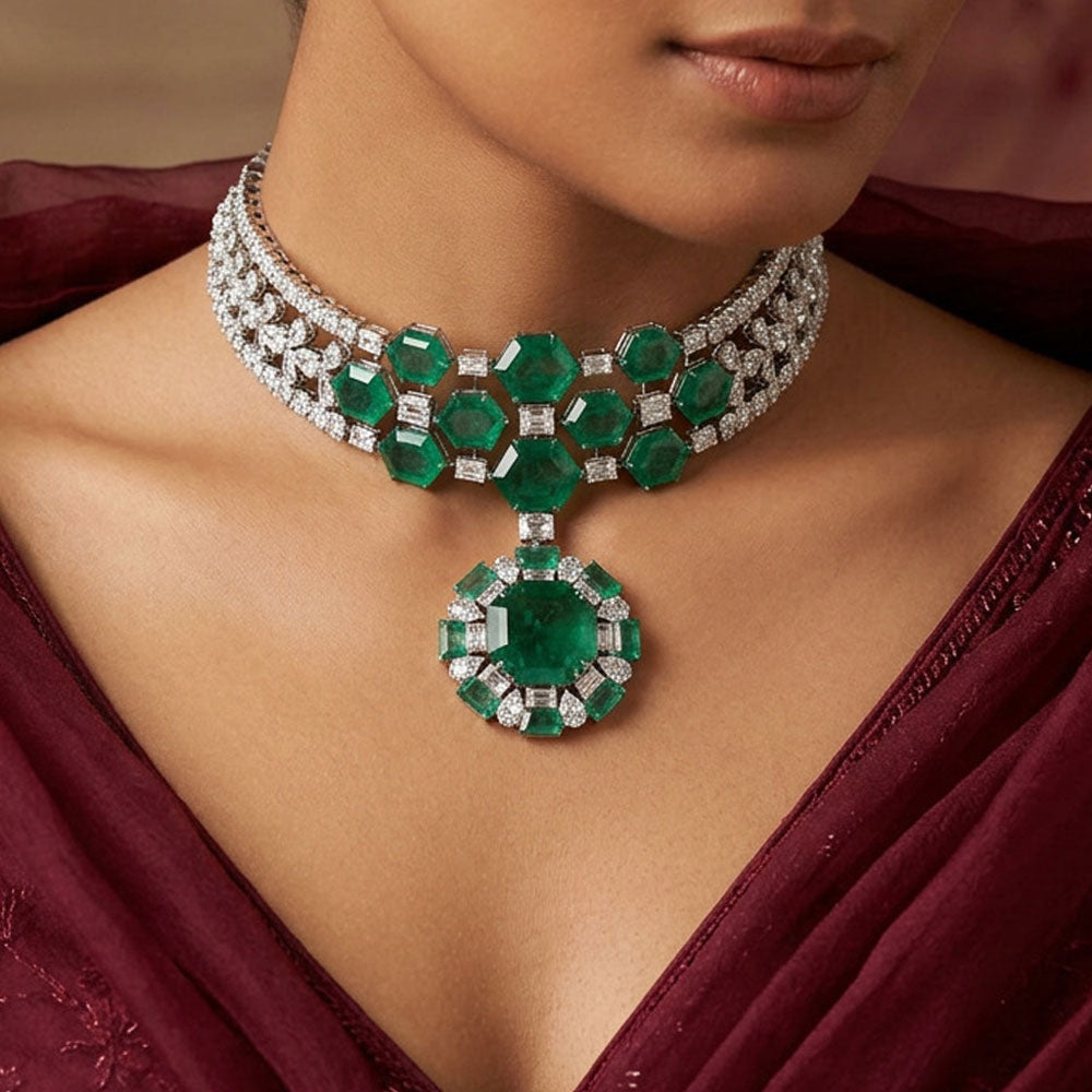 14K White Gold Diamond Necklace - 29.71ct VVS-VS-IJ with Colour Stones
