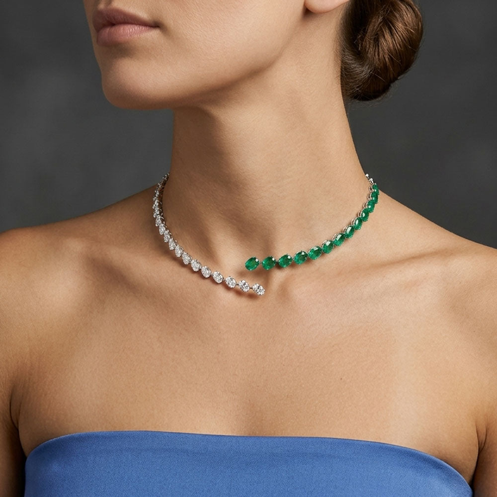 18K White Gold Diamond Necklace - 7.3ct VVS-VS-GH with Colour Stones