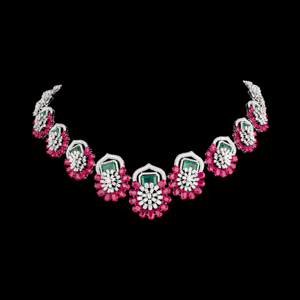 18K White Gold Diamond Necklace - 10.92ct VS-SI-EF with Colour Stones