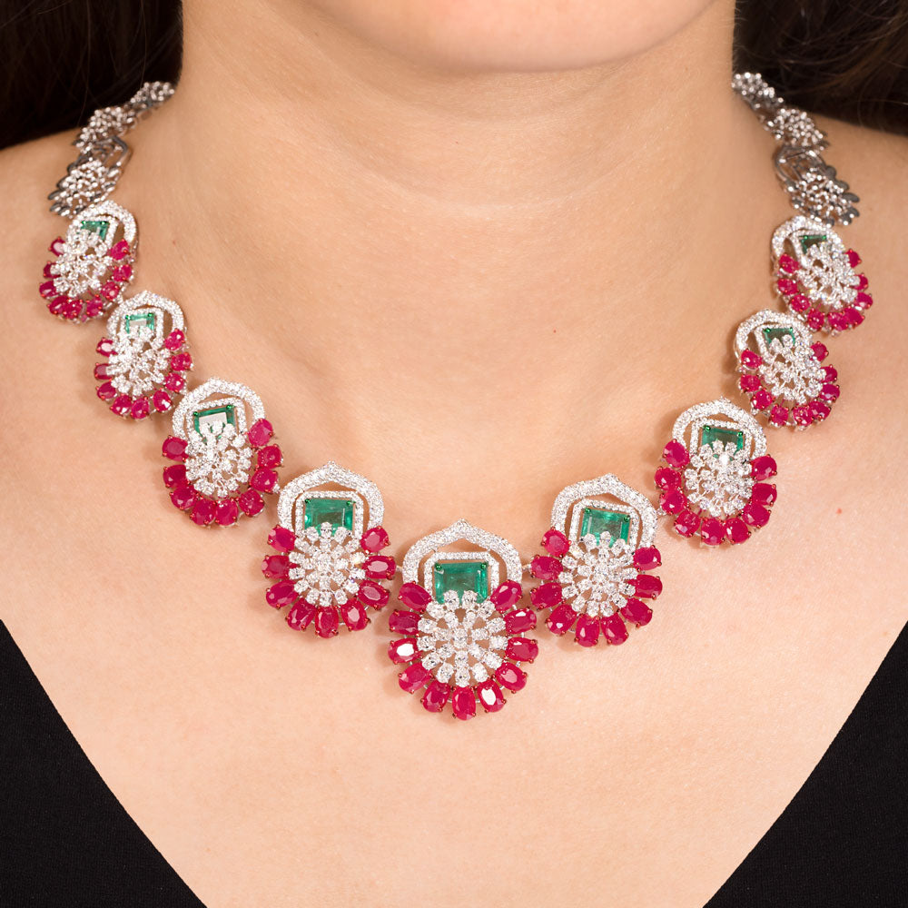 18K White Gold Diamond Necklace - 10.92ct VS-SI-EF with Colour Stones