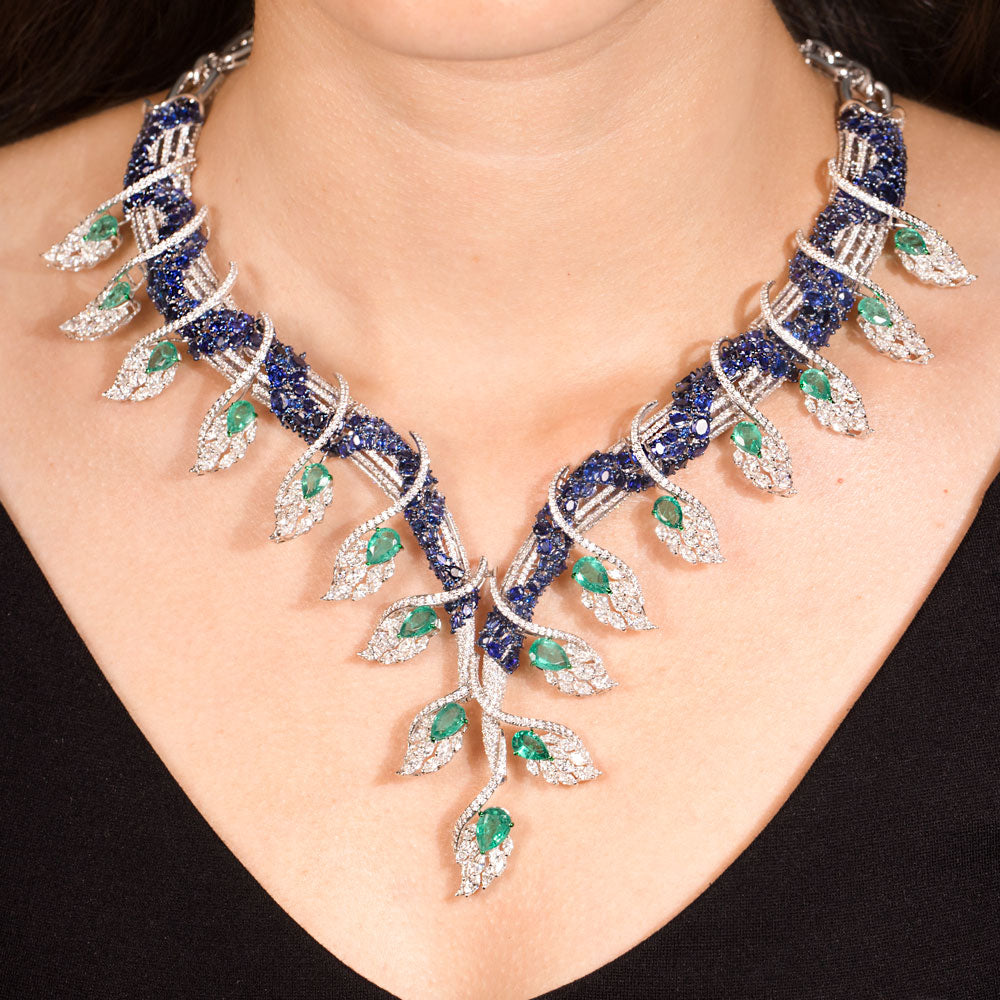 18K White Gold Diamond Necklace - 17.67ct VS-SI-FG with Colour Stones