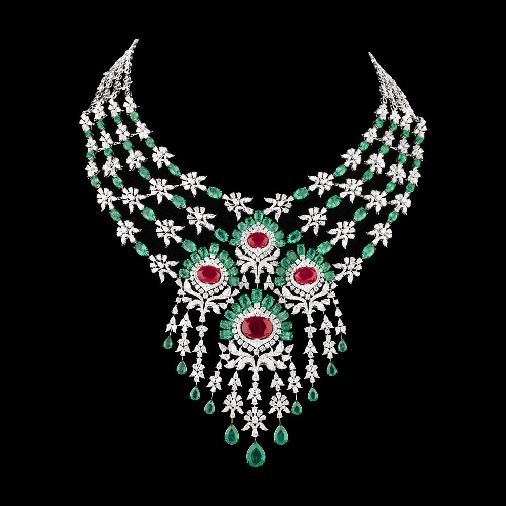 18K White Gold Diamond Necklace - 39.495ct VS-SI-EF with Colour Stones