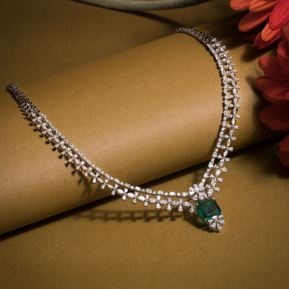 18K White Gold Diamond Necklace - 9.079ct VVS-VS-EF with Colour Stones