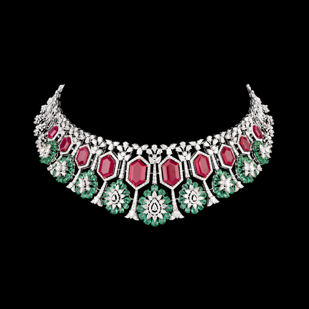 18K White Gold Diamond Necklace - 19.075ct VVS-VS-HI with Colour Stones