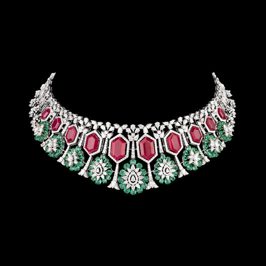 18K White Gold Diamond Necklace - 19.075ct VVS-VS-HI with Colour Stones