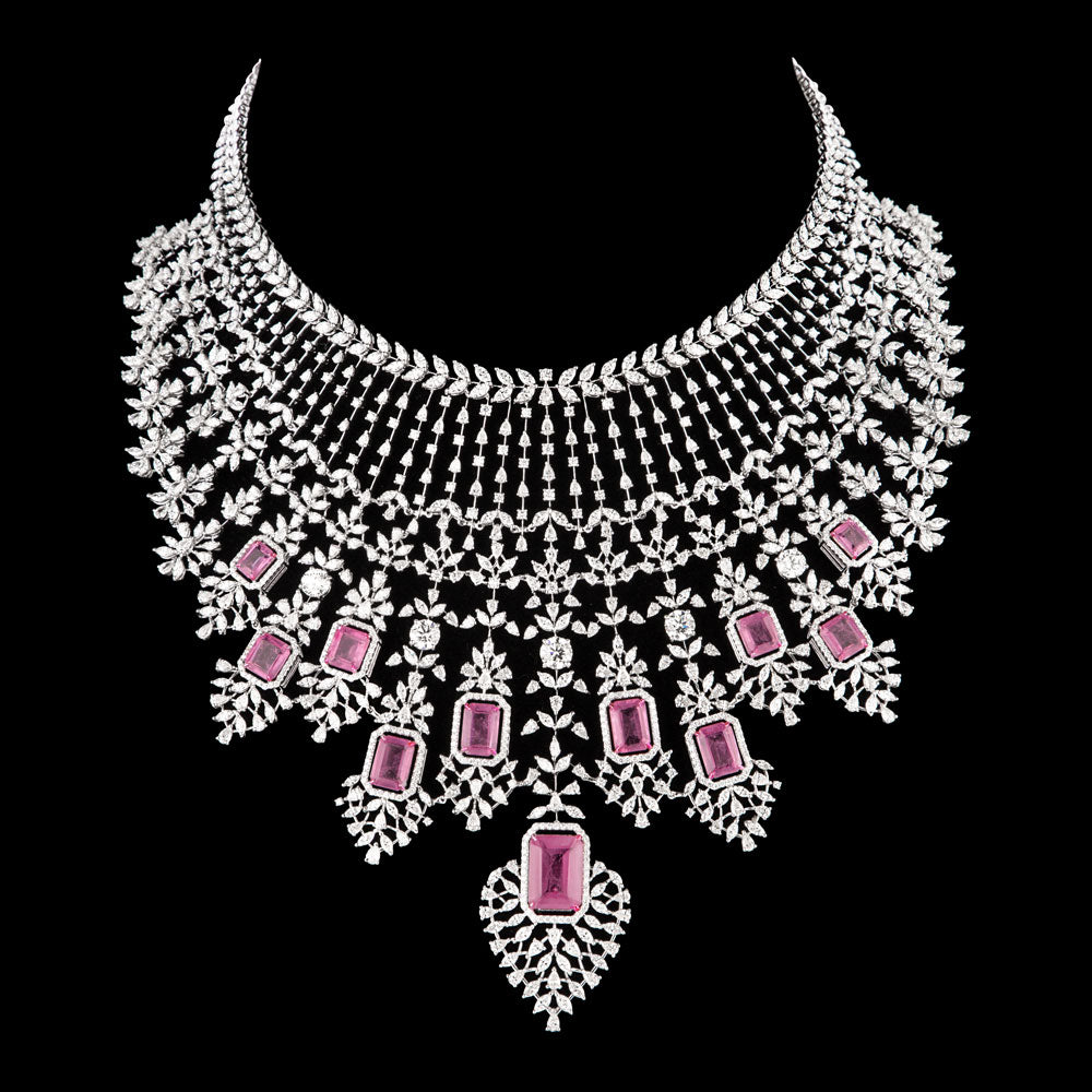 18K White Gold Diamond Necklace - 53.64ct VVS-EF with Colour Stones