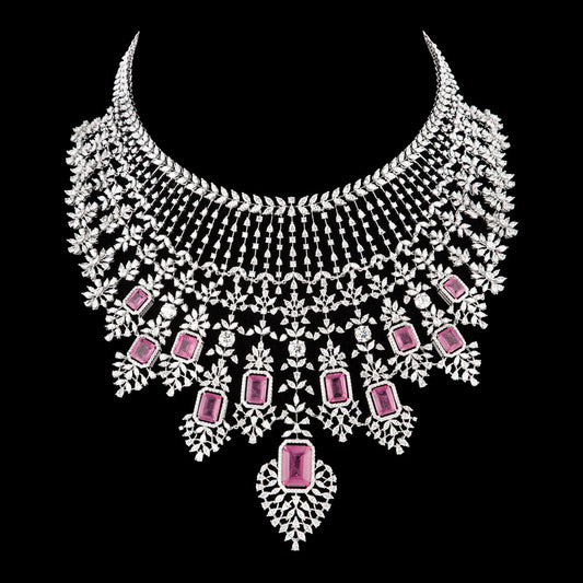18K White Gold Diamond Necklace - 53.64ct VVS-EF with Colour Stones