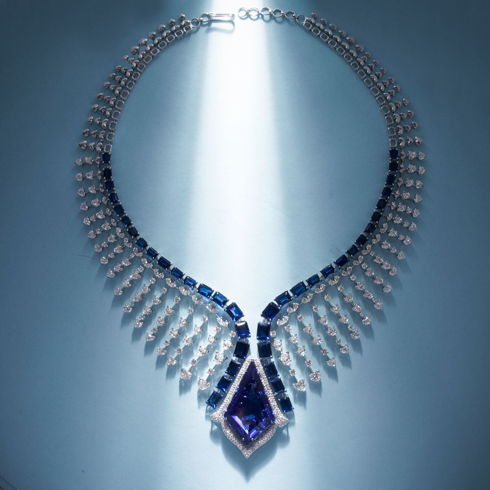 18K White Gold Diamond Necklace - 21.398ct VS-SI-FG with Colour Stones