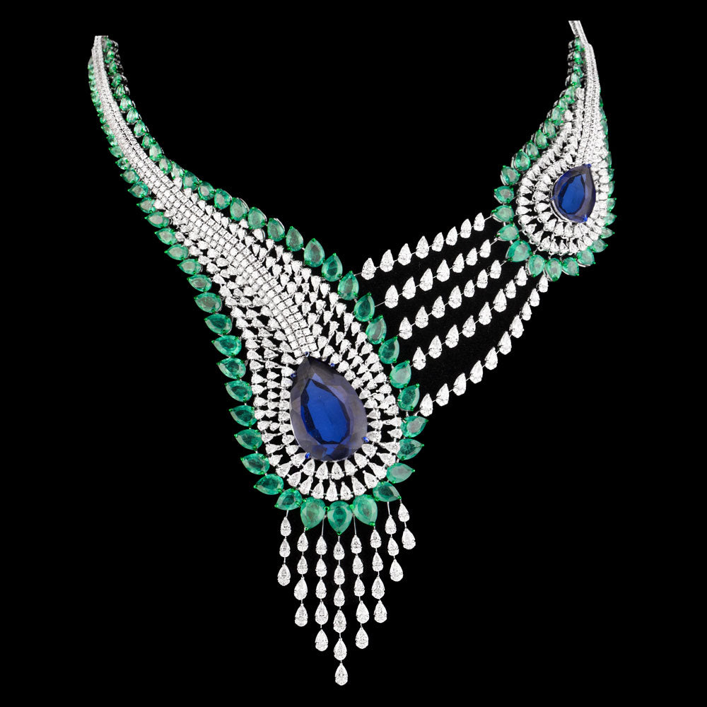 18K White Gold Diamond Necklace - 23.942ct VS-SI-FG with Colour Stones