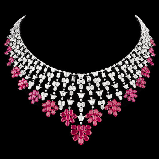 18K White Gold Diamond Necklace - 34.58ct VVS-VS-HI with Colour Stones