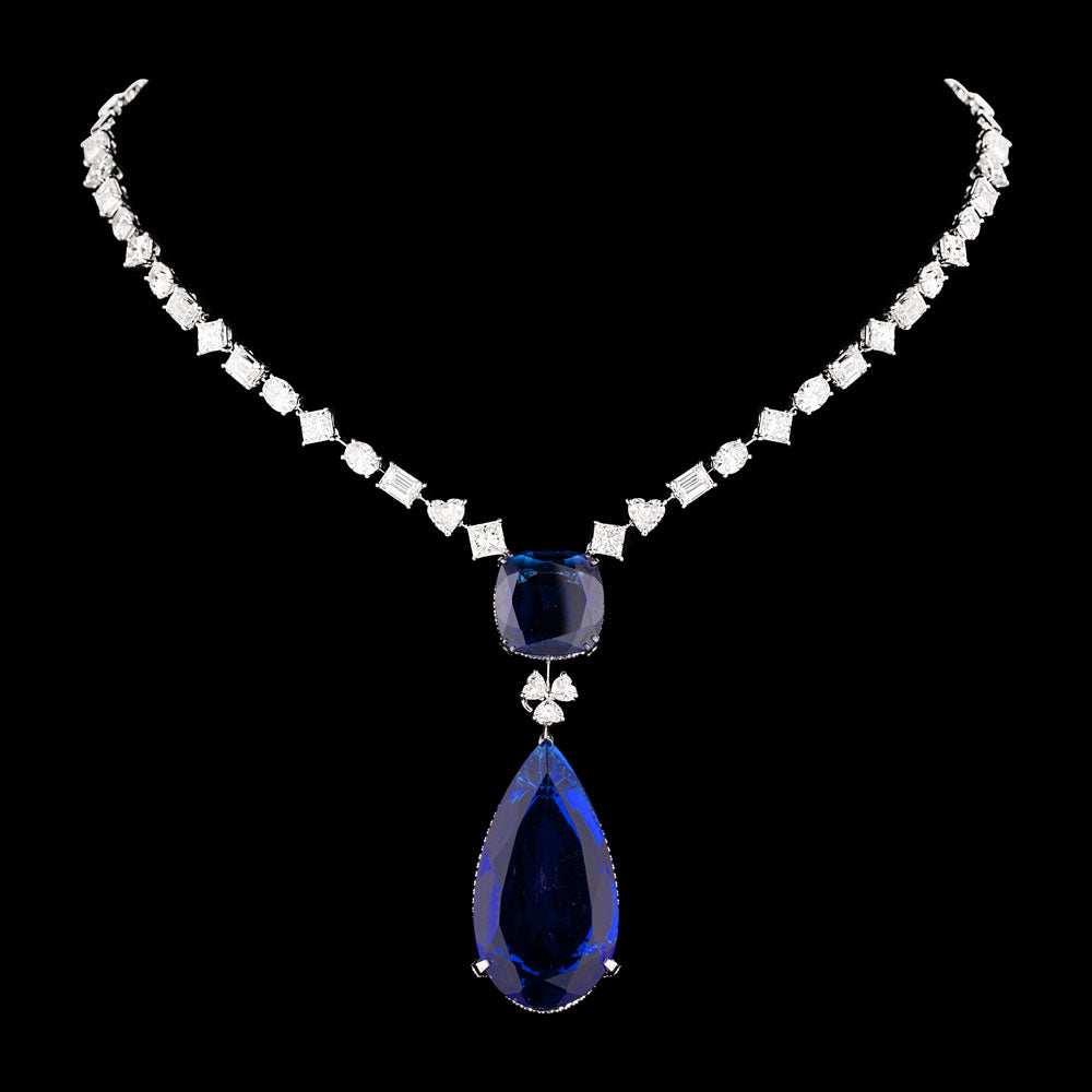 18K White Gold Diamond Necklace - 20.103ct VVS-VS-GH with Colour Stones