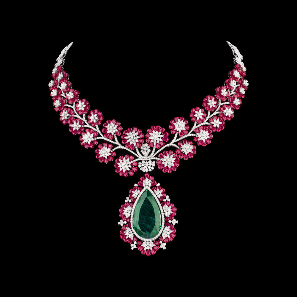 18K White Gold Diamond Necklace - 13.57ct VVS-EF with Colour Stones