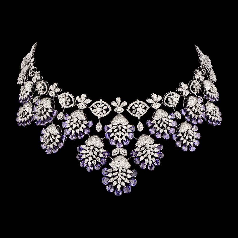 18K White Gold Diamond Necklace - 18.9ct VVS-FG with Colour Stones