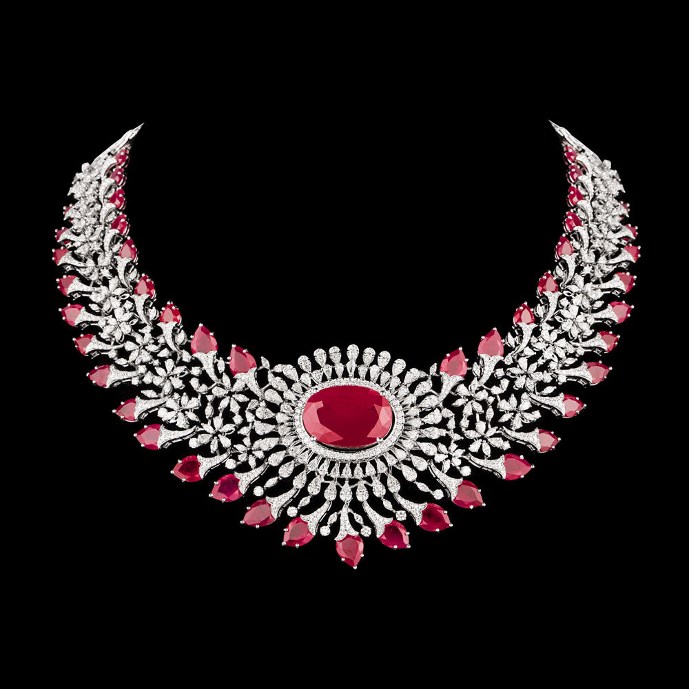 18K White Gold Diamond Necklace - 20.59ct VVS-FG with Colour Stones