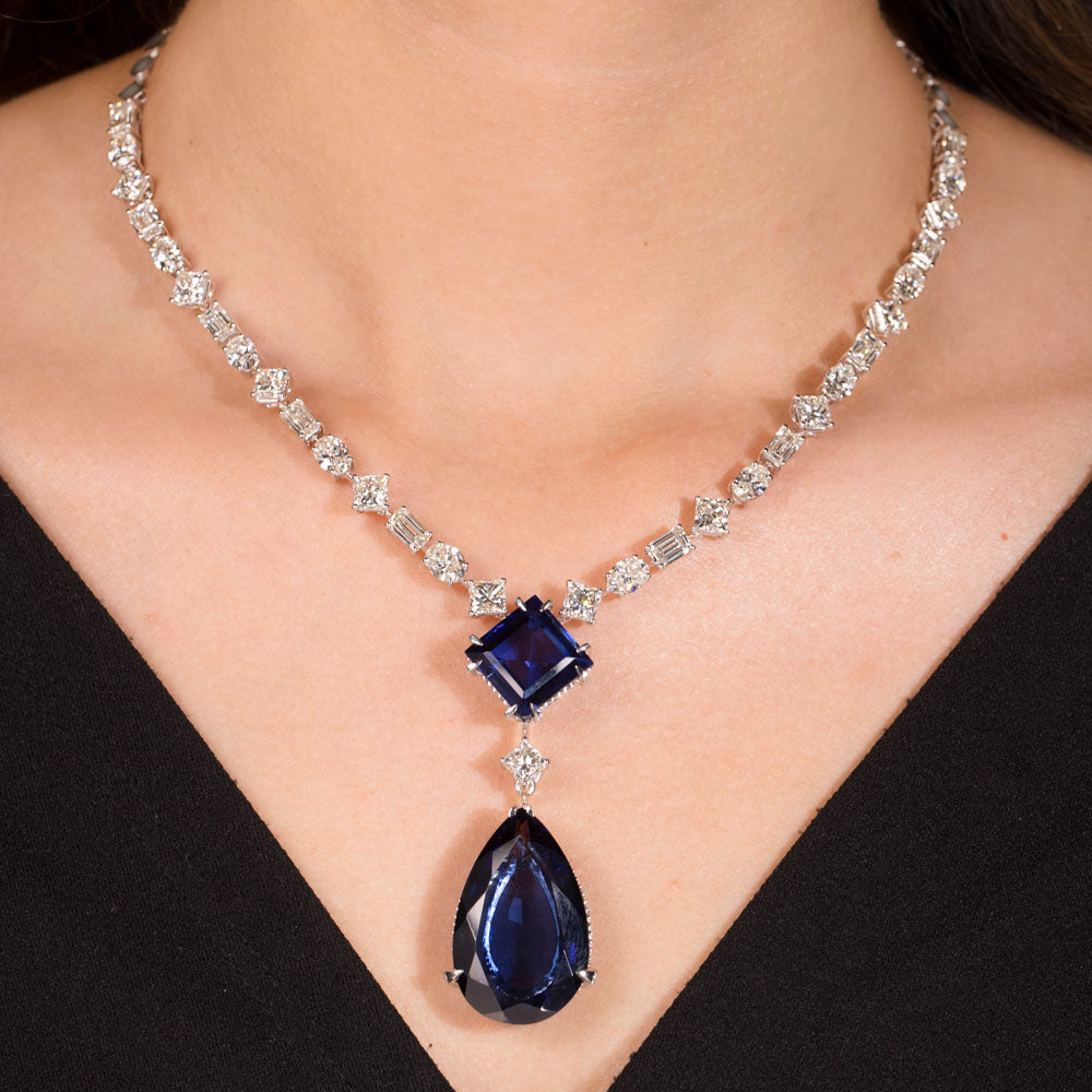 18K White Gold Diamond Necklace - 19.356ct VS-SI-HI with Colour Stones