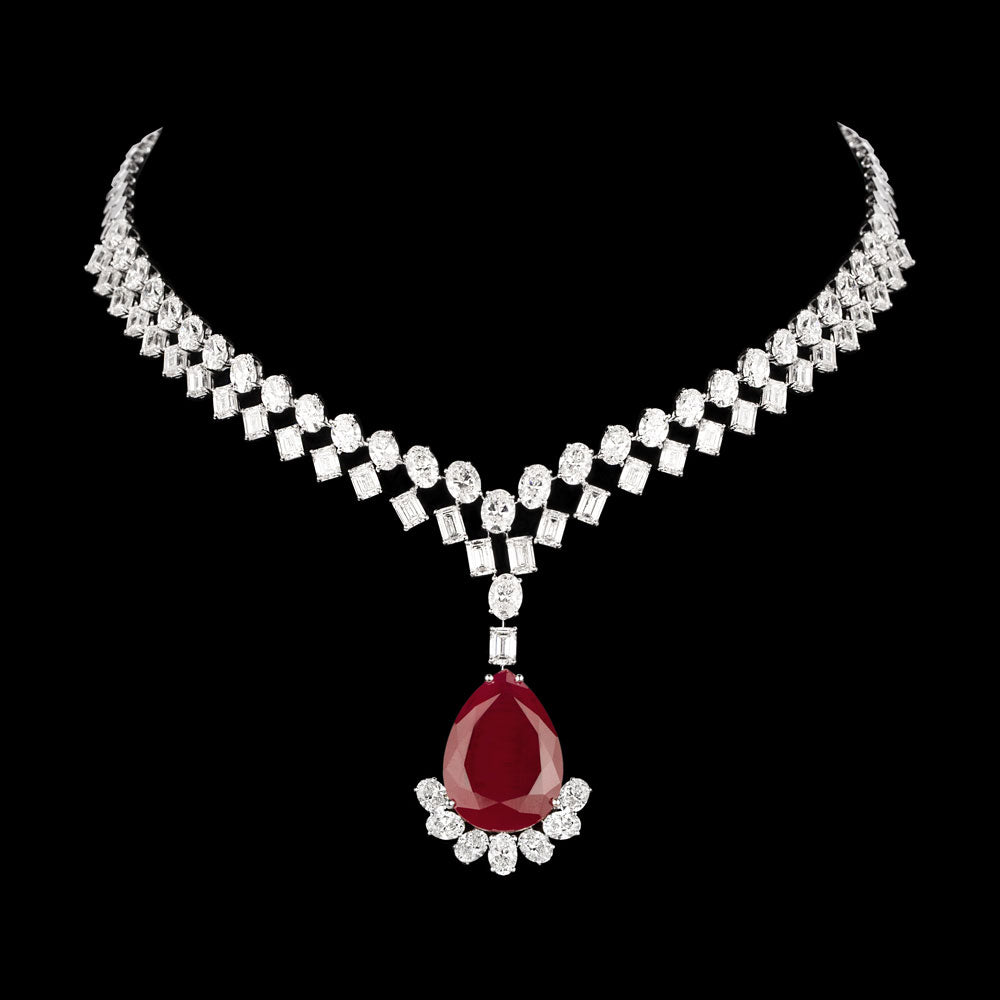 18K White Gold Diamond Necklace - 34.92ct VS-SI-GH with Colour Stones