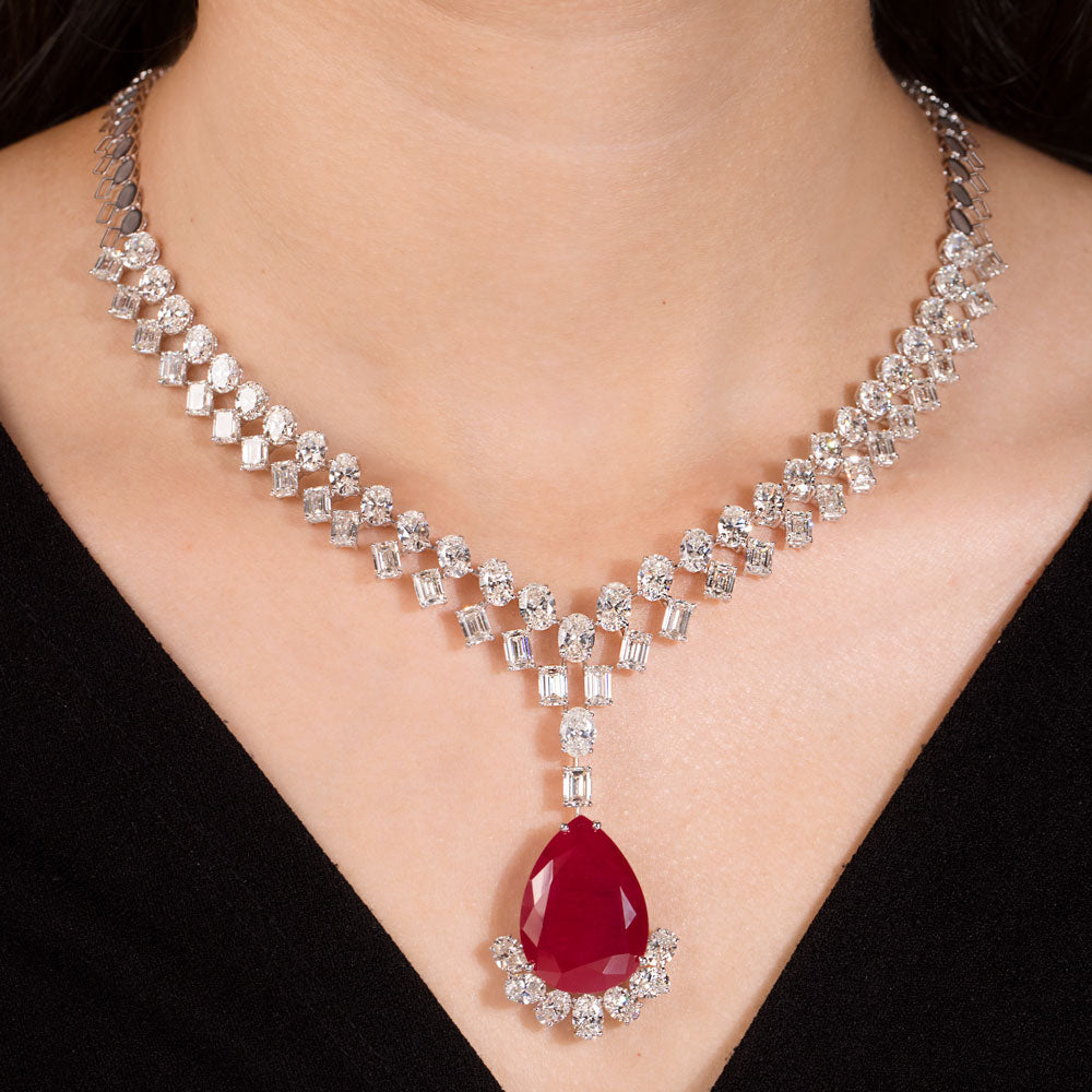 18K White Gold Diamond Necklace - 34.92ct VS-SI-GH with Colour Stones