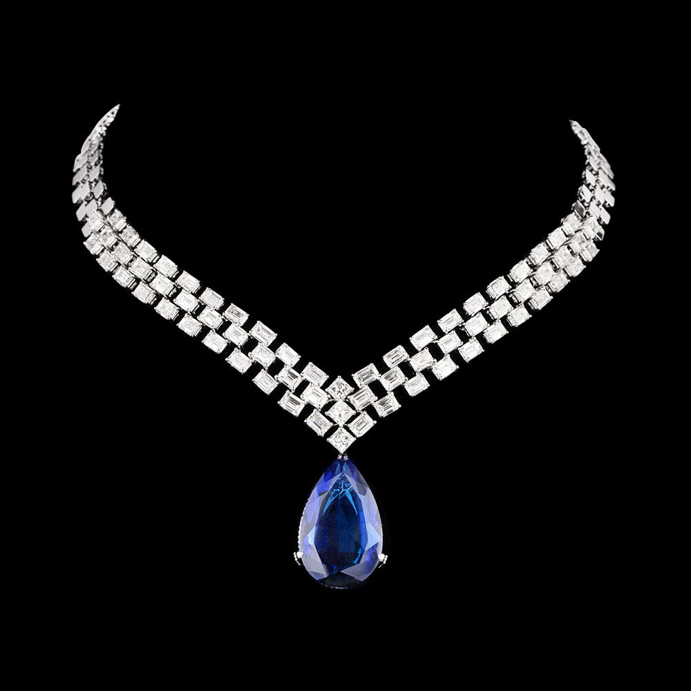 18K White Gold Diamond Necklace - 34.93ct VS-SI-GH with Colour Stones