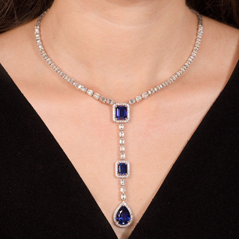 18K White Gold Diamond Necklace - 12.03ct VVS-VS-HI with Colour Stones