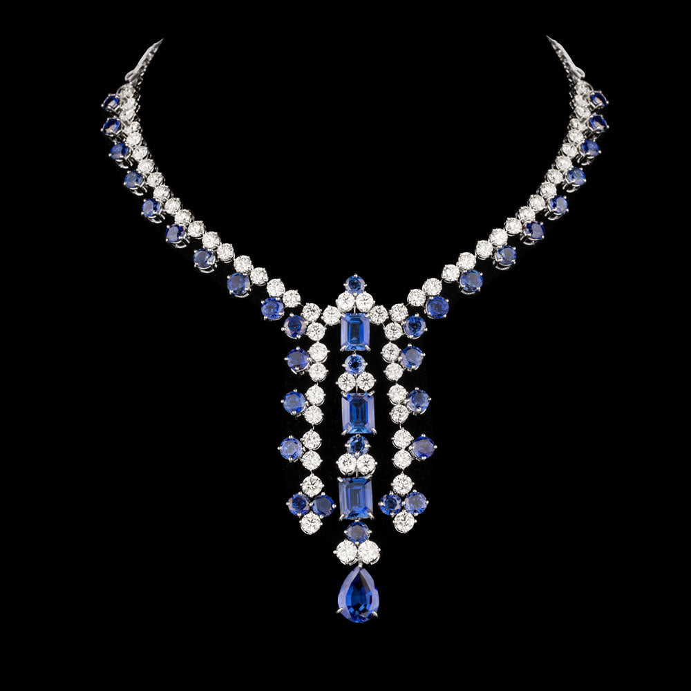 18K White Gold Diamond Necklace - 21.8ct VVS-VS-KL with Colour Stones