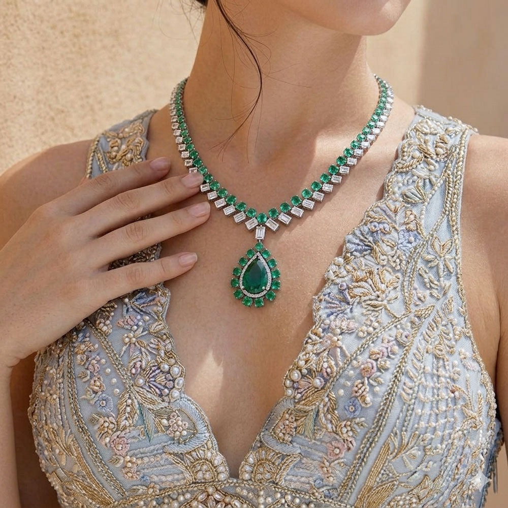 18K White Gold Diamond Necklace - 12.75ct VVS-VS-GH with Colour Stones